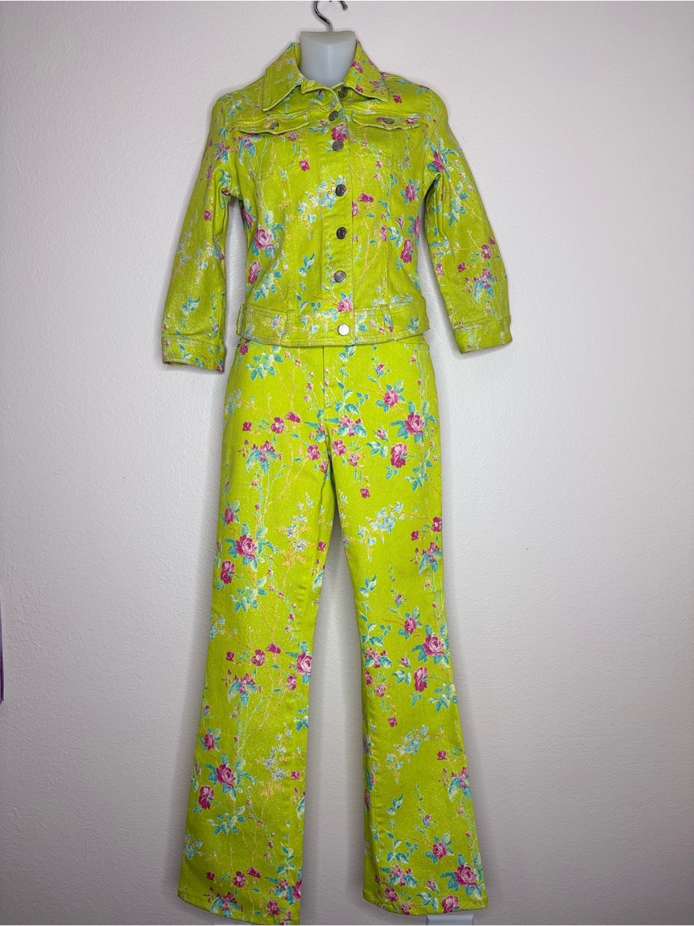 Roberto Cavalli Jeans Y2K Trucker Jacket & Boot Cut Jeans Lime Floral 8/27